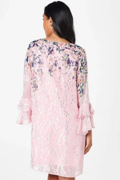 Robe Droite à Manches Volantées Métallisée Florale Petite