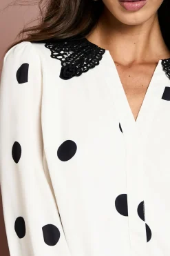 Robe Droite Petite À Pois Avec Col En Dentelle