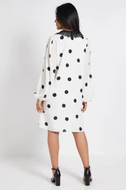 Robe Droite Petite À Pois Avec Col En Dentelle