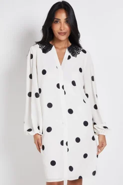Robe Droite Petite À Pois Avec Col En Dentelle