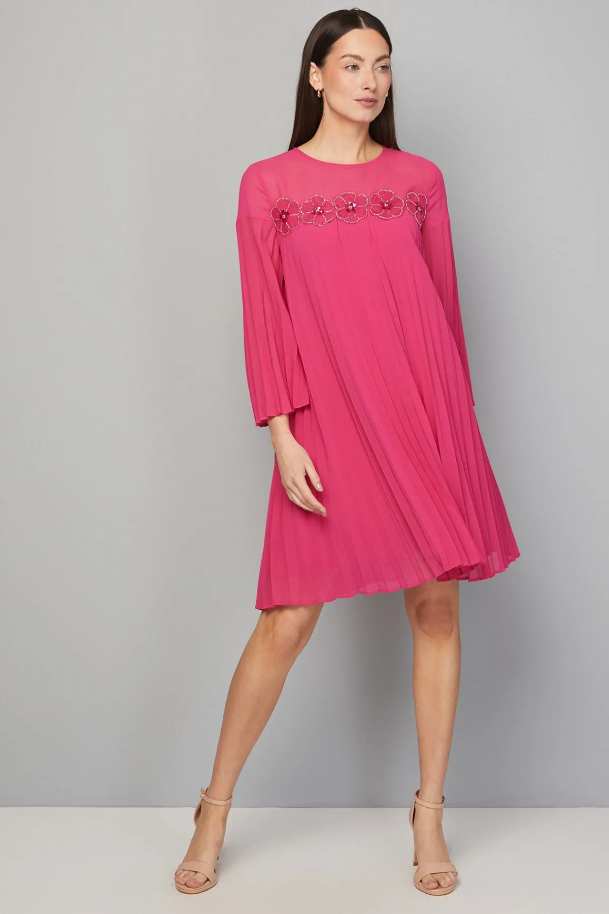 Wallis Robe Droite Plissée à Garniture Florale<Femme Robes Mi-Longues|Robes À Manches Longues