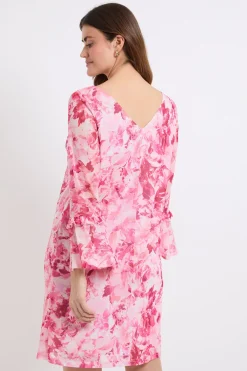 Robe Droite À Superposition De Tulle Floral Et Manches À Volants