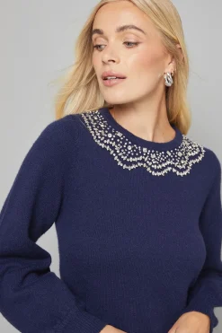 Robe Droite Tricotée Ornée Petite Taille Marine