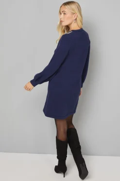 Robe Droite Tricotée Ornée Petite Taille Marine