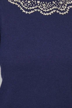 Robe Droite Tricotée Ornée Petite Taille Marine