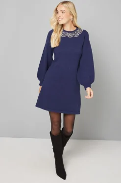 Robe Droite Tricotée Ornée Petite Taille Marine