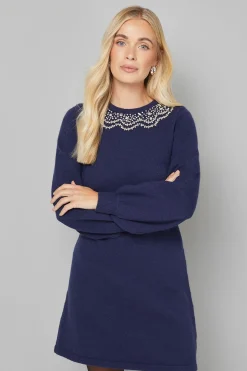 Robe Droite Tricotée Ornée Petite Taille Marine