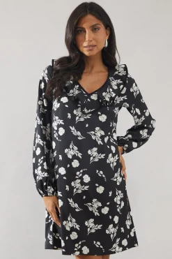 Robe Droite à Volants Contrastés Motif Floral Mono