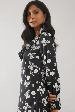 Robe Droite à Volants Contrastés Motif Floral Mono
