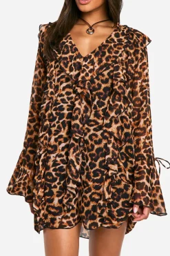 Robe droite à volants et imprimé léopard