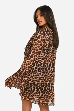 Robe droite à volants et imprimé léopard