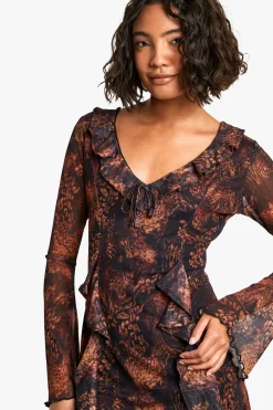 boohoo Robe Droite à Volants Imprimé Animal Taille Haute<Femme Robes À Manches Longues|Robes