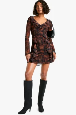 boohoo Robe Droite à Volants Imprimé Animal Taille Haute<Femme Robes À Manches Longues|Robes