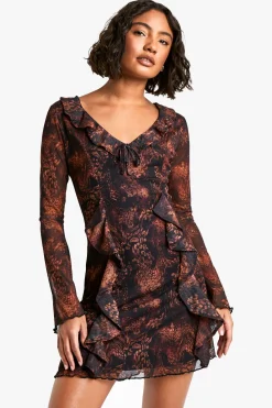 boohoo Robe Droite à Volants Imprimé Animal Taille Haute<Femme Robes À Manches Longues|Robes