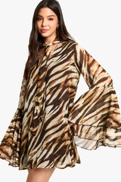 Robe en chiffon smockée à manches évasées et imprimé zèbre
