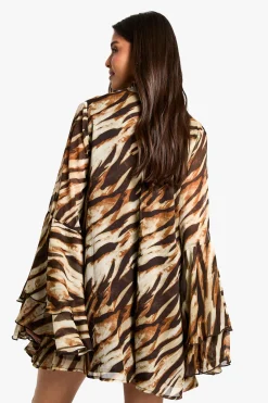 Robe en chiffon smockée à manches évasées et imprimé zèbre