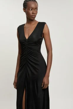 Robe En Crêpe De Viscose À Encolure Plongeante Et Fronces Sur Le Devant