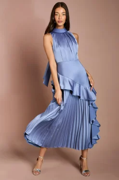 Robe En Crêpe Dos Satin À Volants Plissés Sans Manches