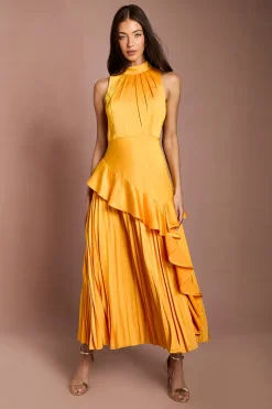 Robe En Crêpe Satiné Dos Plissé À Volants Sans Manches