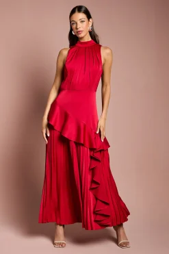 Robe en Crêpe Satiné Sans Manches à Volants et Plis