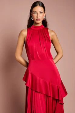 Robe en Crêpe Satiné Sans Manches à Volants et Plis