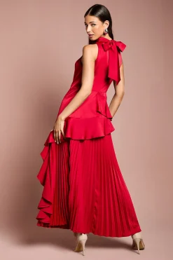 Robe en Crêpe Satiné Sans Manches à Volants et Plis