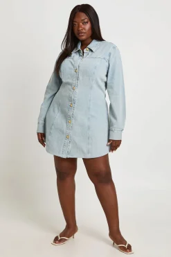 Robe En Denim Cintrée À Boutons Dorés Grande Taille