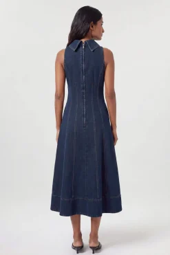 KarenMillen Robe En Denim À Col Cheminée Et Jupe Ample<Femme Denim|Robes Mi-Longues