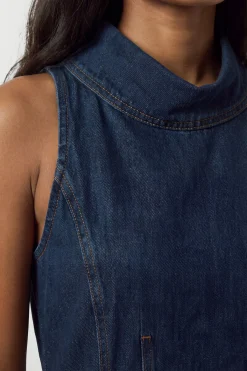 KarenMillen Robe En Denim À Col Cheminée Et Jupe Ample<Femme Denim|Robes Mi-Longues