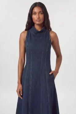 KarenMillen Robe En Denim À Col Cheminée Et Jupe Ample<Femme Denim|Robes Mi-Longues