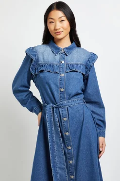 Robe En Denim À Empiècement À Volants Petite Taille
