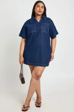 boohoo Robe En Denim À Manches Courtes Coupe Ample Grande Taille<Femme Denim|Denim