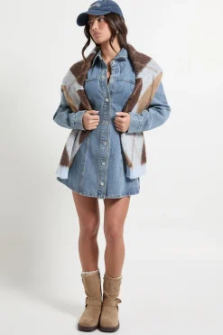 boohoo Robe en denim à manches longues à la taille cintrée<Femme Denim|Denim