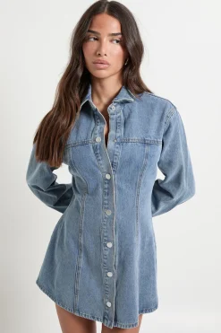 boohoo Robe en denim à manches longues à la taille cintrée<Femme Denim|Denim