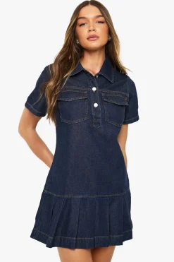 boohoo Robe en denim plissée<Femme Denim|Denim