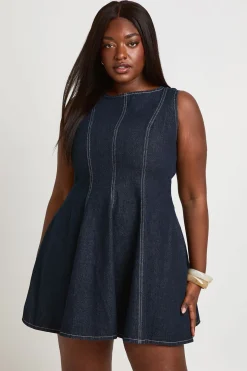 Robe En Denim Évasée Sans Manches Grande Taille
