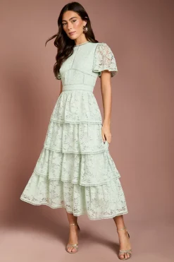 Robe en Dentelle à Volants avec Manches Papillon et Finitions