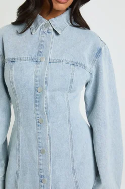 Robe En Jean Cintrée À La Taille Et Manches Longues Petite