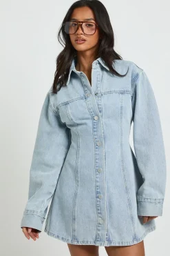 Robe En Jean Cintrée À La Taille Et Manches Longues Petite
