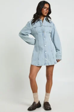 Robe En Jean Cintrée À La Taille Et Manches Longues Petite