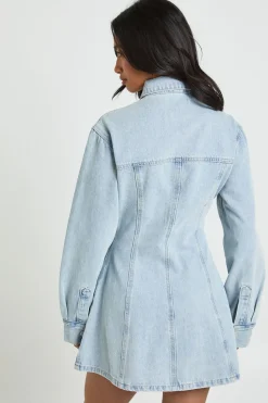 Robe En Jean Cintrée À La Taille Et Manches Longues Petite