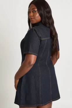 boohoo Robe En Jean Cintrée À La Taille Manches Courtes Grande Taille<Femme Denim|Denim