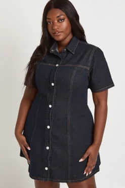 boohoo Robe En Jean Cintrée À La Taille Manches Courtes Grande Taille<Femme Denim|Denim