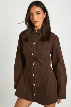 Robe En Jean Cintrée À La Taille À Manches Longues