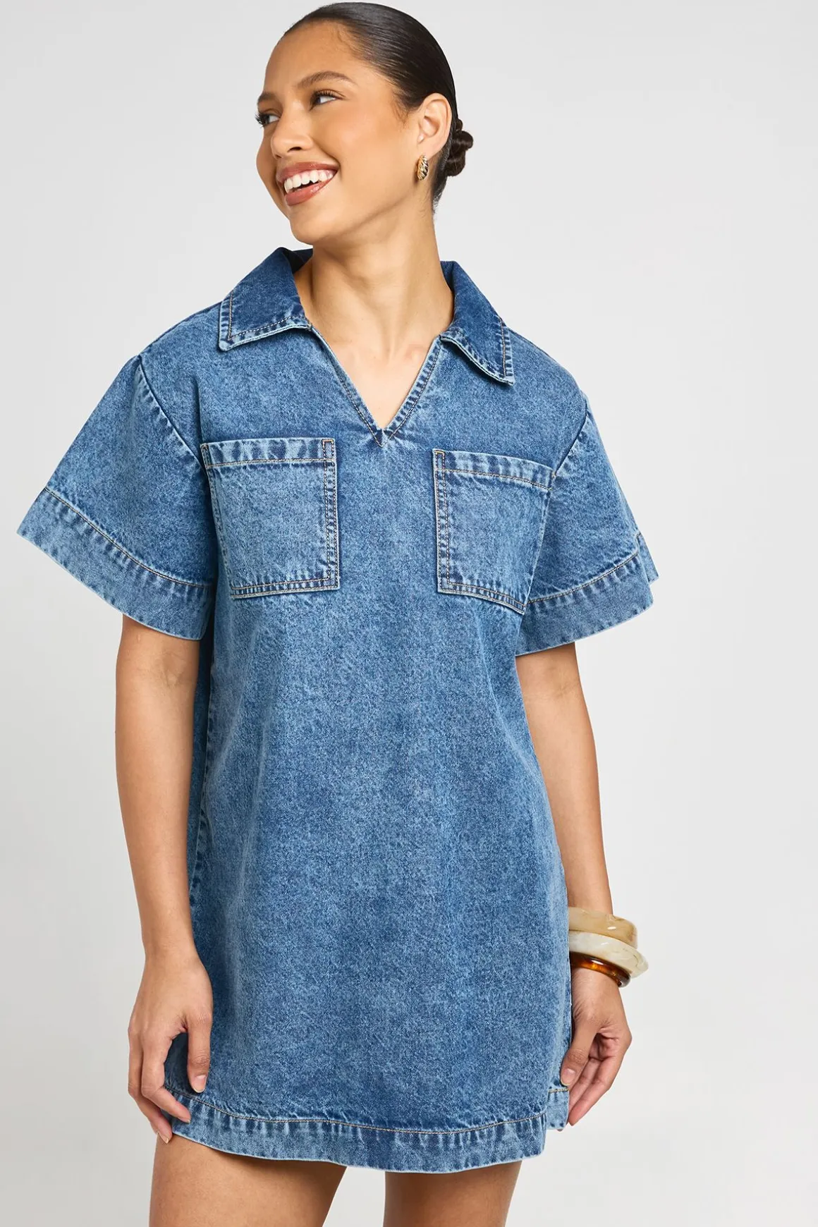 Robe En Jean Courte À Manches Courtes Coupe Ample