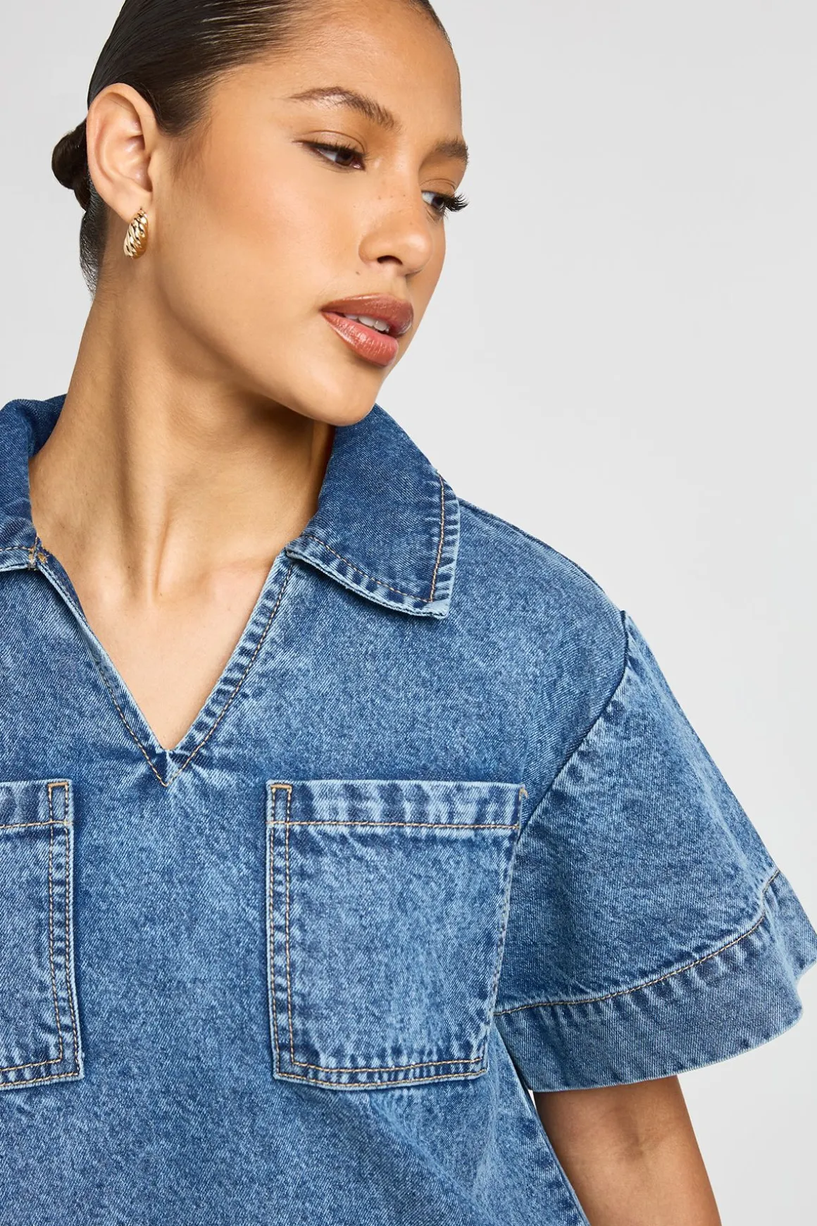 Robe En Jean Courte À Manches Courtes Coupe Ample