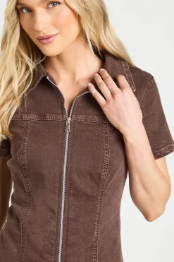 Robe En Jean Courte À Manches Courtes Et Zip Frontal Petite