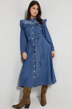 Dorothy Perkins Robe En Jean À Empiècement À Volants<Femme Denim|Robes Mi-Longues