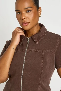 boohoo Robe En Jean Grande Taille À Manches Courtes Et Fermeture Zippée Devant<Femme Denim|Denim