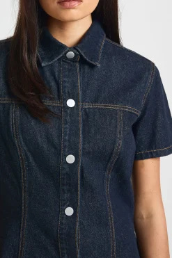 boohoo Robe En Jean À Manches Courtes Et Taille Cintrée<Femme Denim|Denim